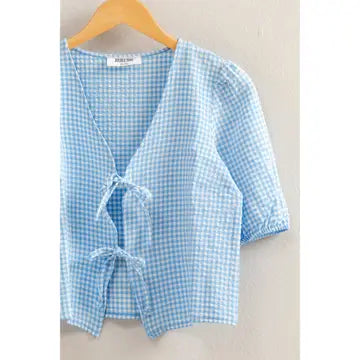 Blue Gingham Bow Tie Blouse