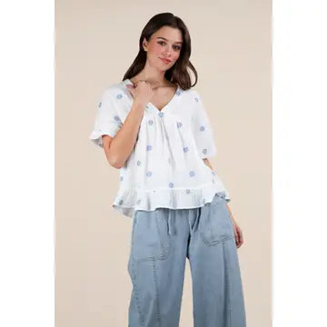 Cream Woven Blouse with Blue Embroidered Flowers