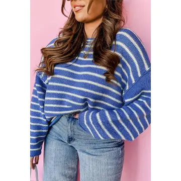 Blue Striped Drop Shoulder Sweater